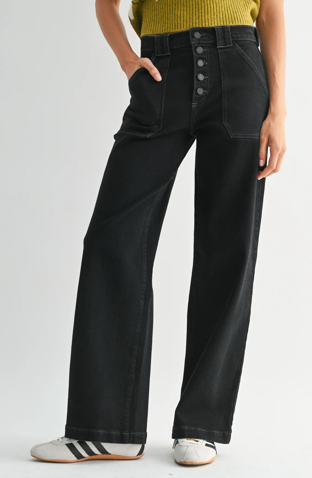 Button Down Slim Wide Leg Denim