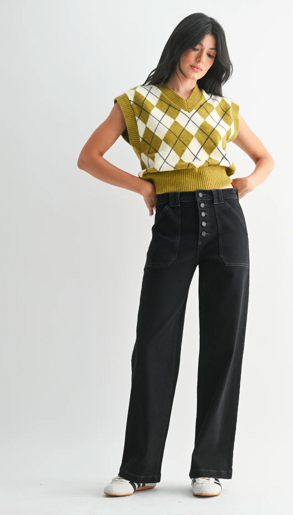 Button Down Slim Wide Leg Denim