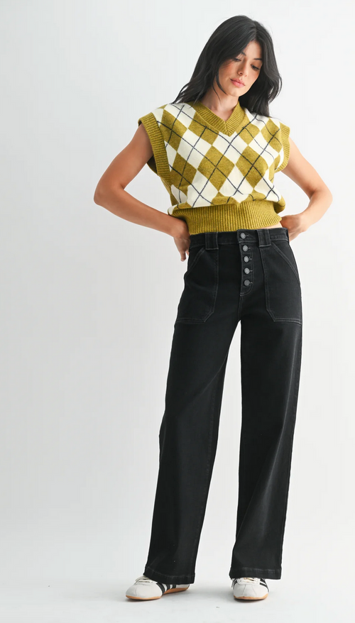 Button Down Slim Wide Leg Denim