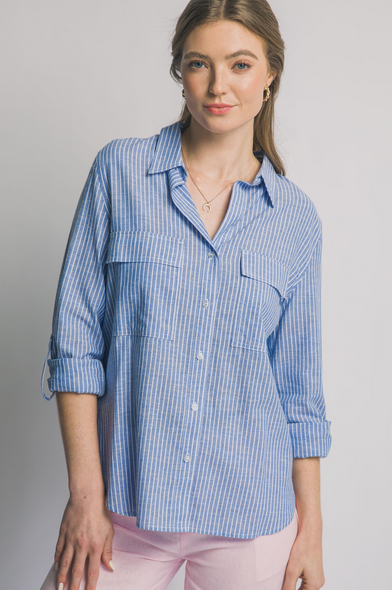 Harbor Stripe Linen Blend Button Down
