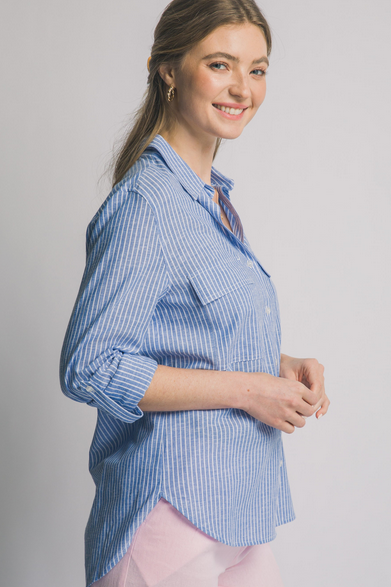 Harbor Stripe Linen Blend Button Down