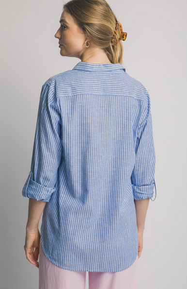 Harbor Stripe Linen Blend Button Down