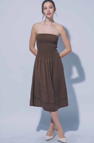 Mila Smocked Strapless Midi Dress
